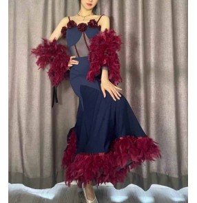 Navy with wine Nature feather fur ballroom Waltz tango foxtrot smooth Flamenco dance long dress for women girls National standard dance costumes for lady